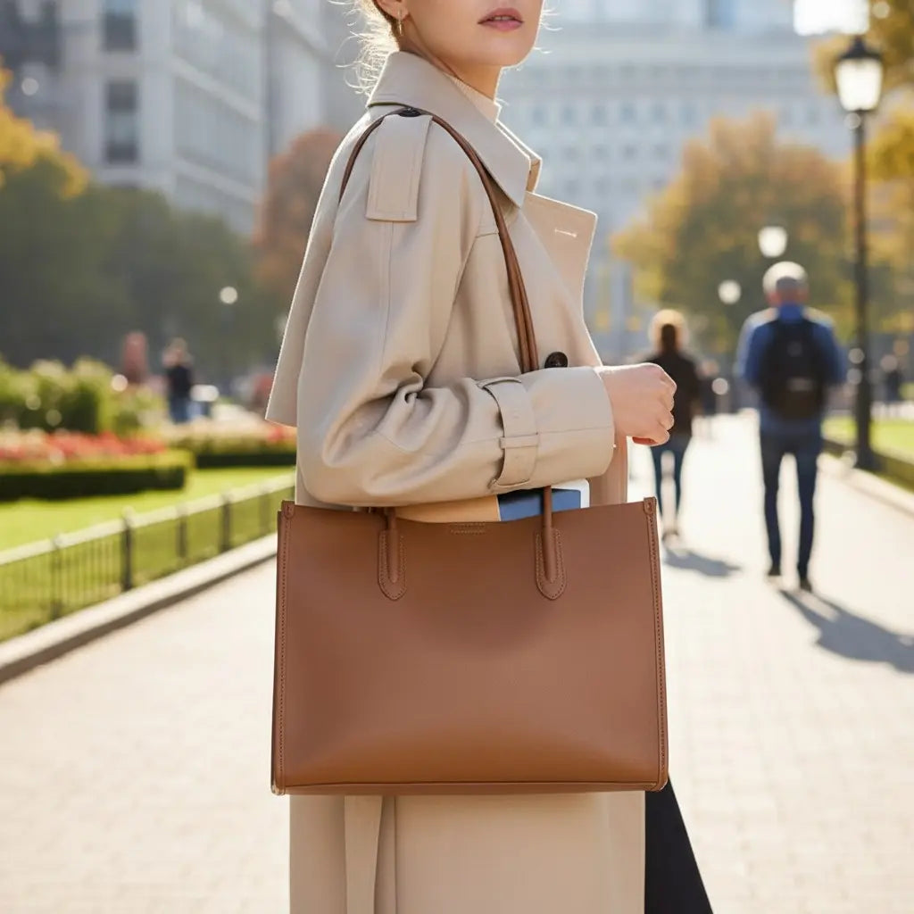 Sac cabas femme en cuir de vachette camel porté à l'épaule avec tablette pour le travail et les déplacements urbains