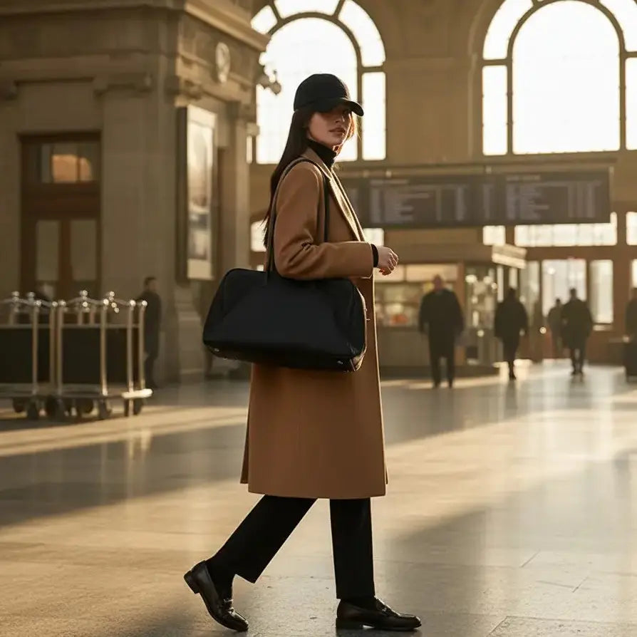 Femme portant un sac cabas en cuir de vachette dans une gare