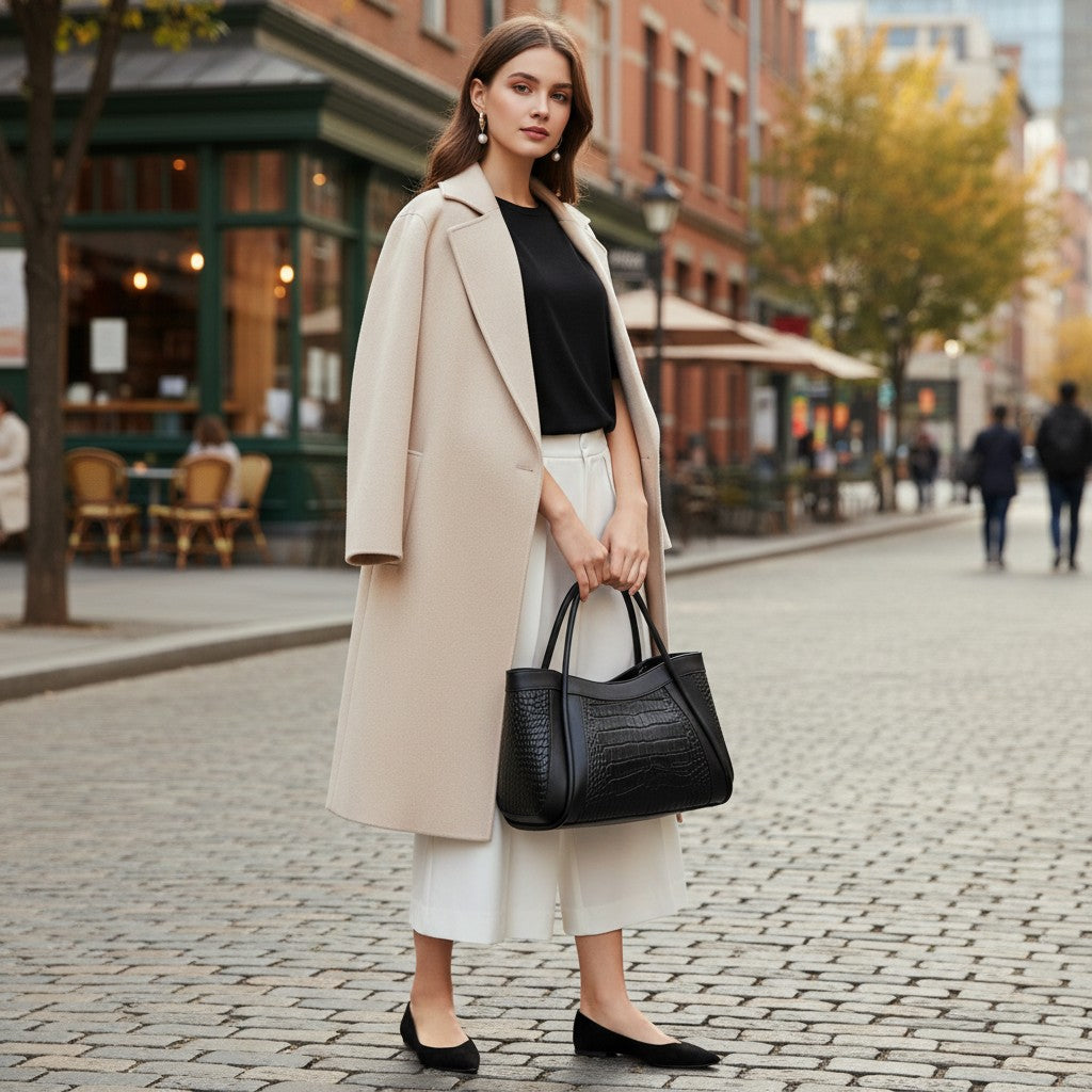 Sac cabas en cuir de vachette noir effet croco porté avec un manteau long