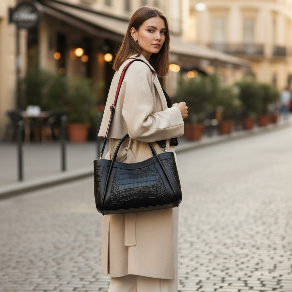 Vue de profil d’un sac cabas en cuir de vachette noir effet croco porté en extérieur