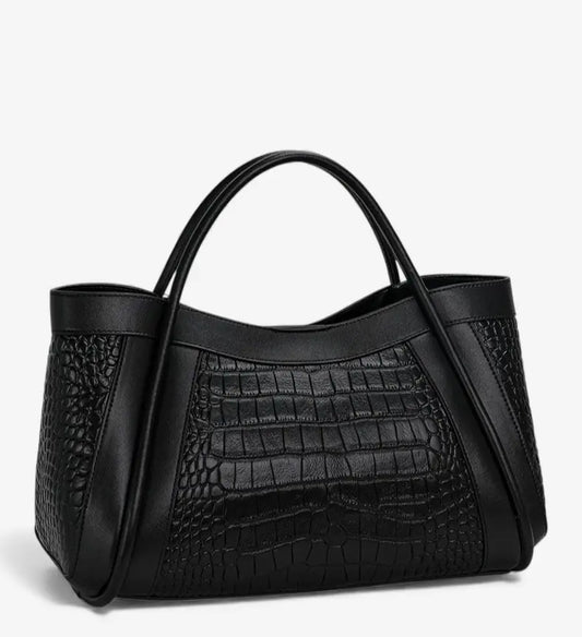 Sac cabas en cuir de vachette pleine fleur noir avec effet croco
