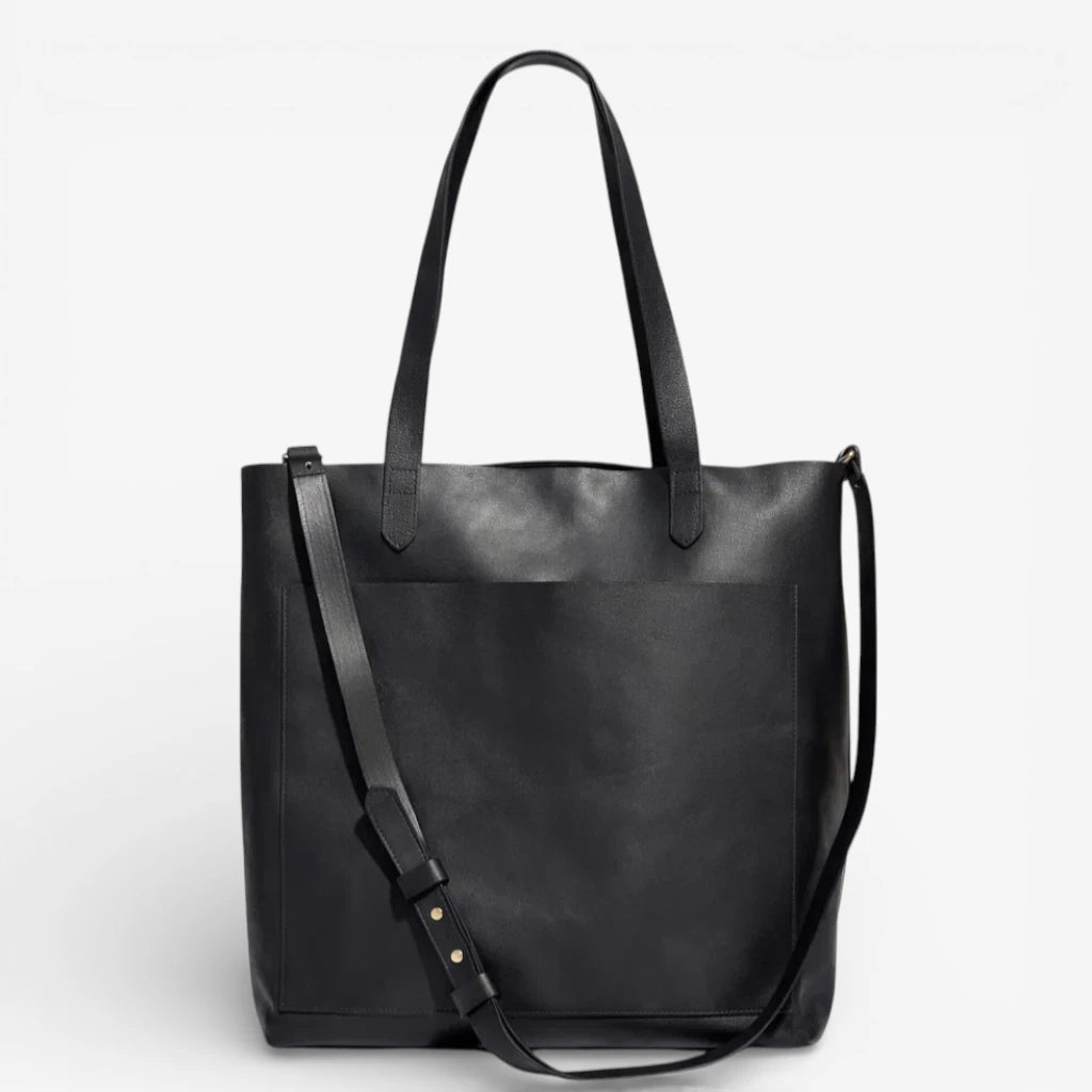 Sac cabas ouvert en cuir de vachette pleine fleur noir avec bandoulière réglable