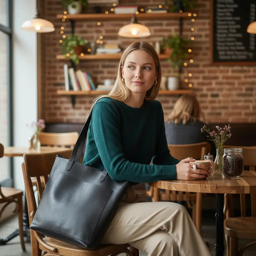 Sac cabas ouvert en cuir de vachette pleine fleur noir porté en terrasse