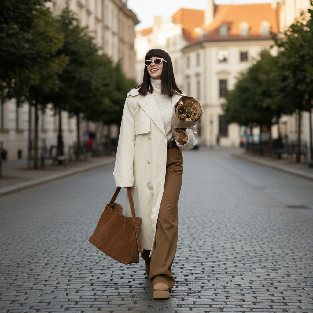 Femme en ville portant un sac cabas en daim marron
