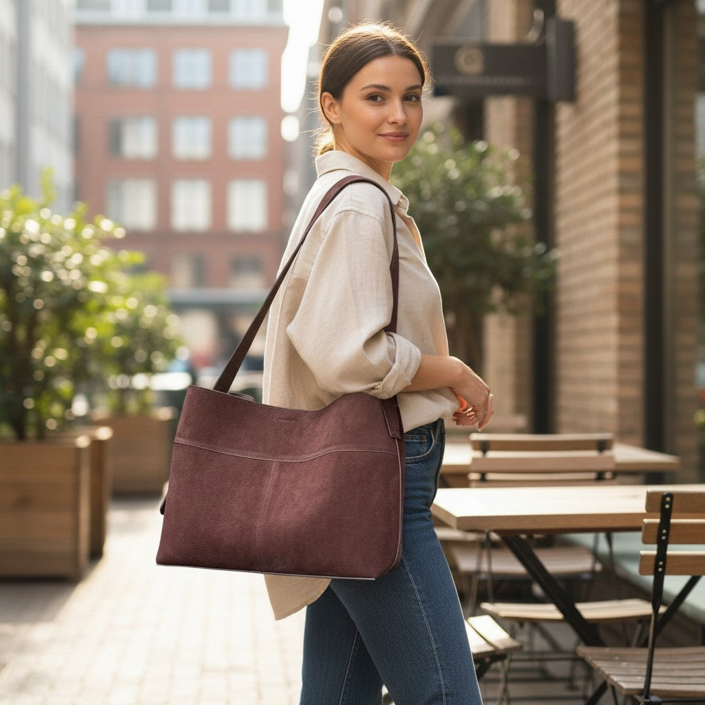 Femme portant un sac cabas en daim marron foncé