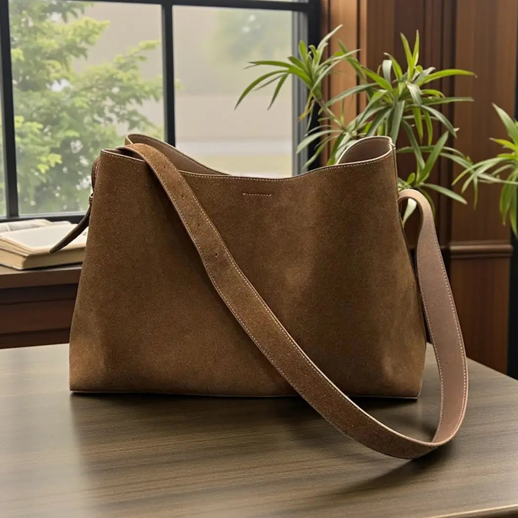 Sac cabas en daim marron posé sur une table