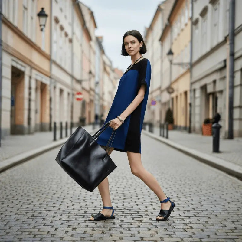 Sac cabas femme en cuir noir porté en ville, look moderne et professionnel.