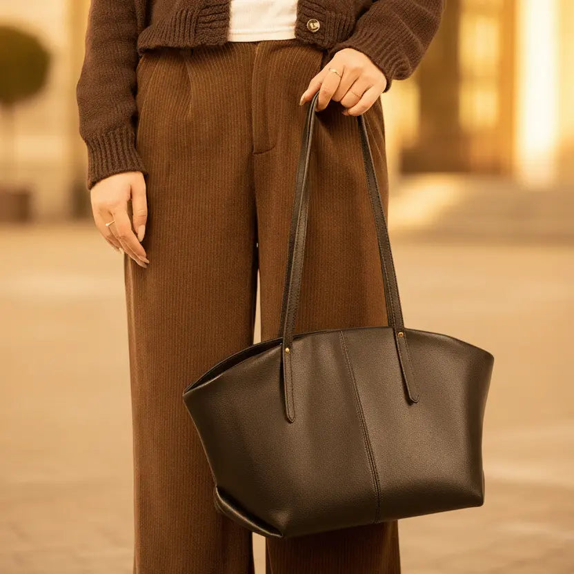 Femme tenant le sac cabas en cuir noir à la main, forme horizontale avec anses fines et finitions soignées.
