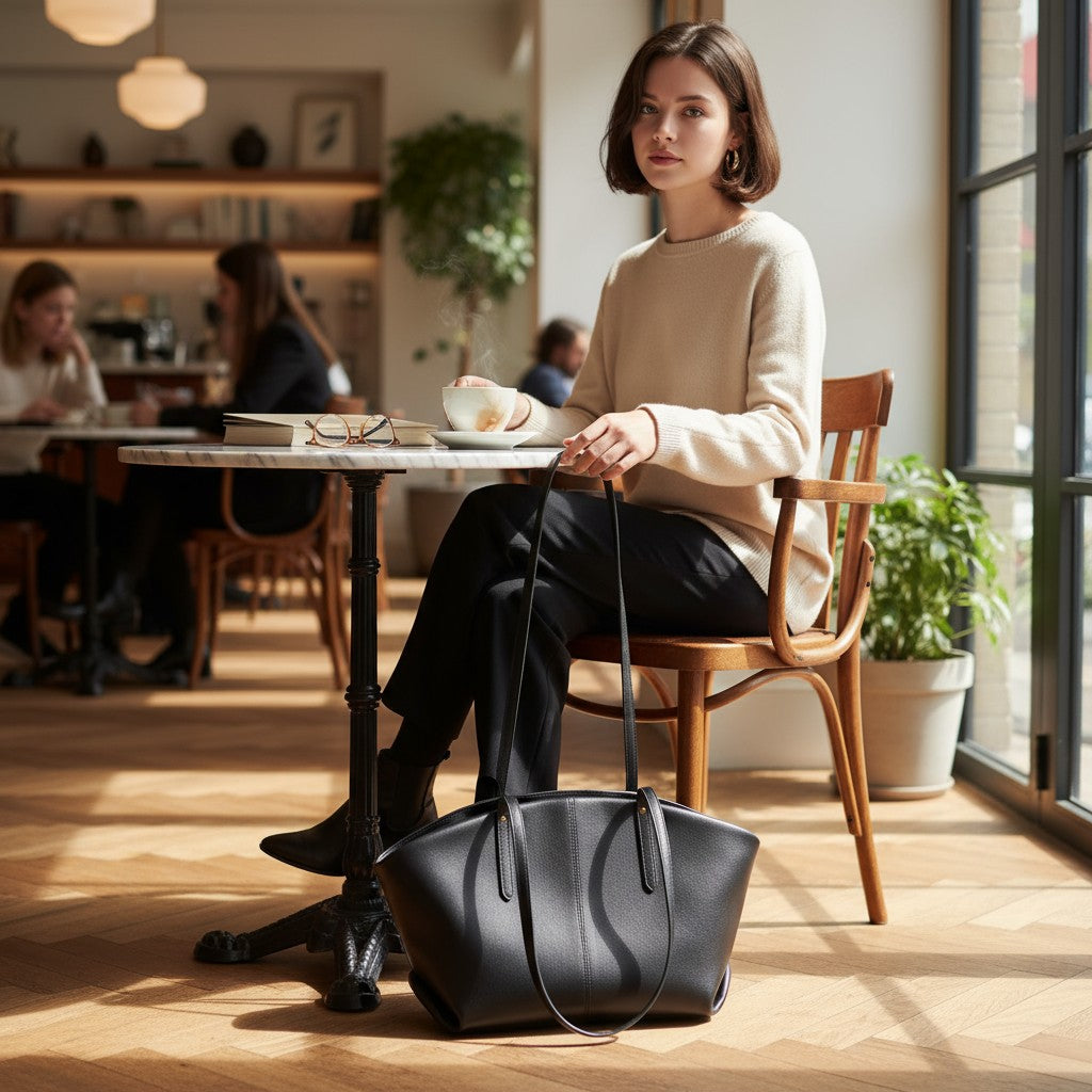 Sac cabas en cuir noir posé au sol près d’une chaise dans un café, lumière naturelle et ambiance cosy.