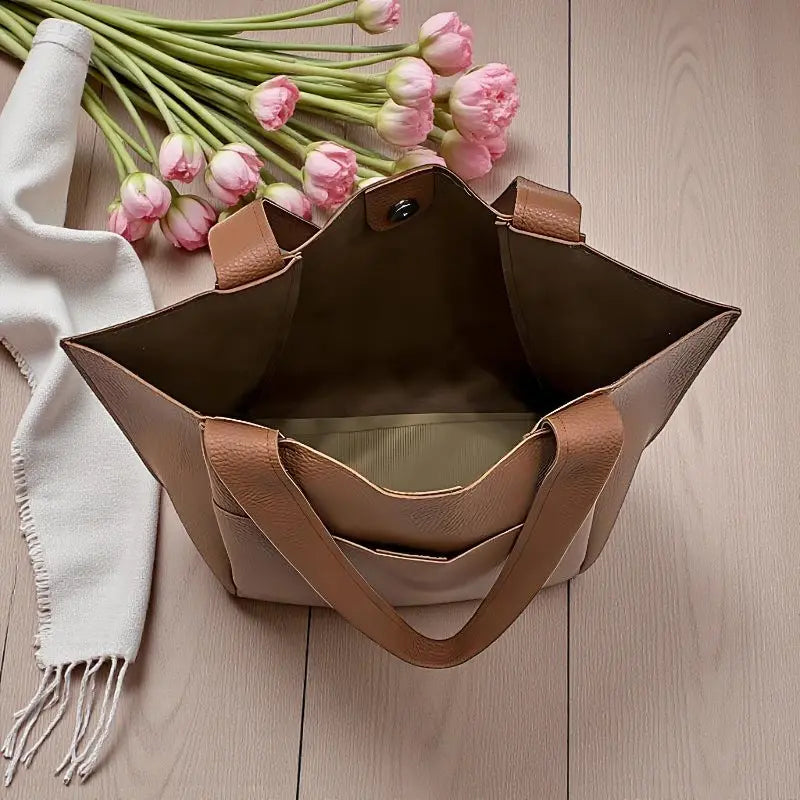 Intérieur spacieux du sac cabas en cuir synthétique camel