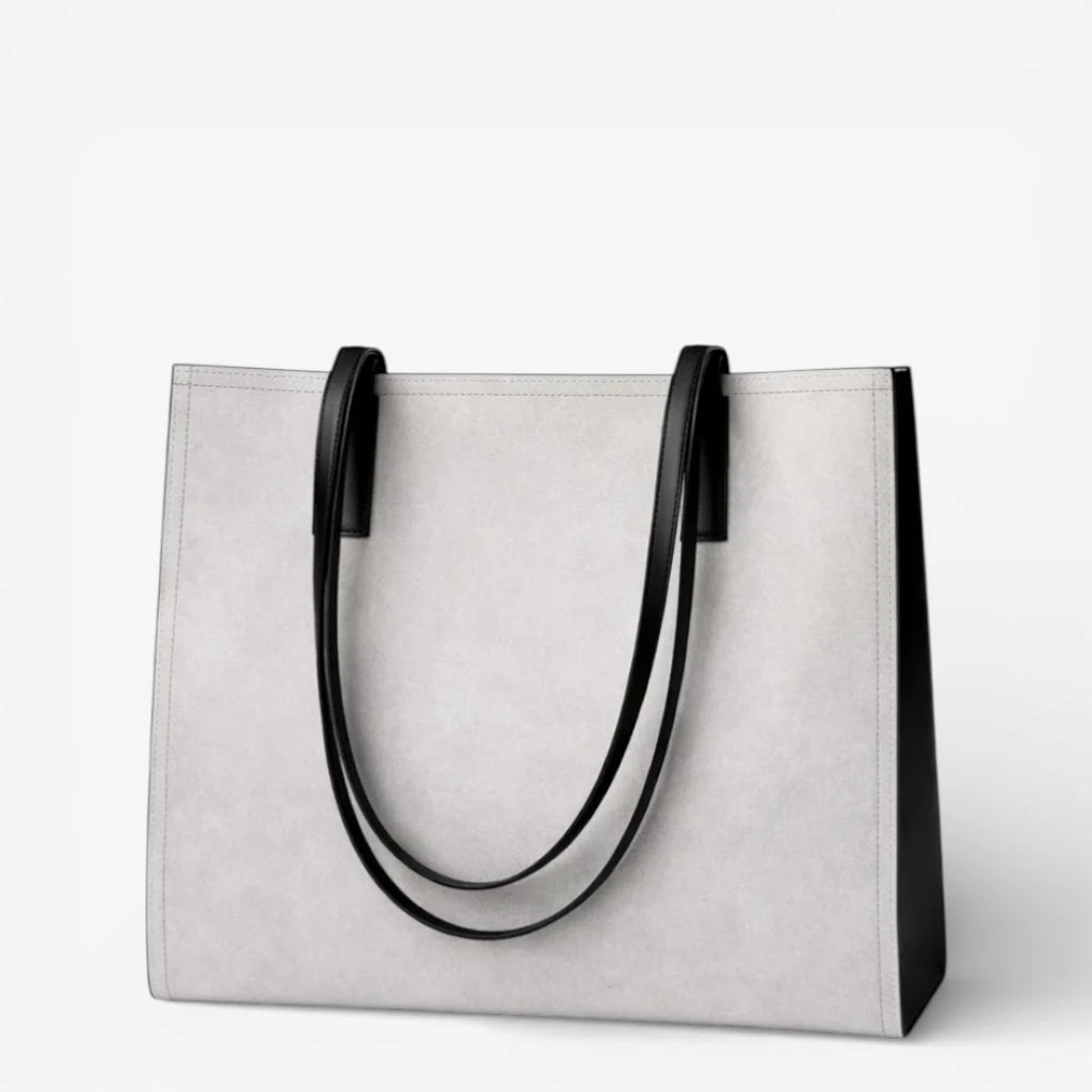 Sac cabas femme en cuir de vachette gris grand format avec double anses noires