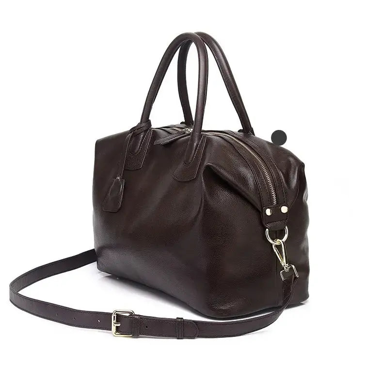 Sac cabas femme en cuir de vachette pleine fleur marron foncé vue de trois quarts