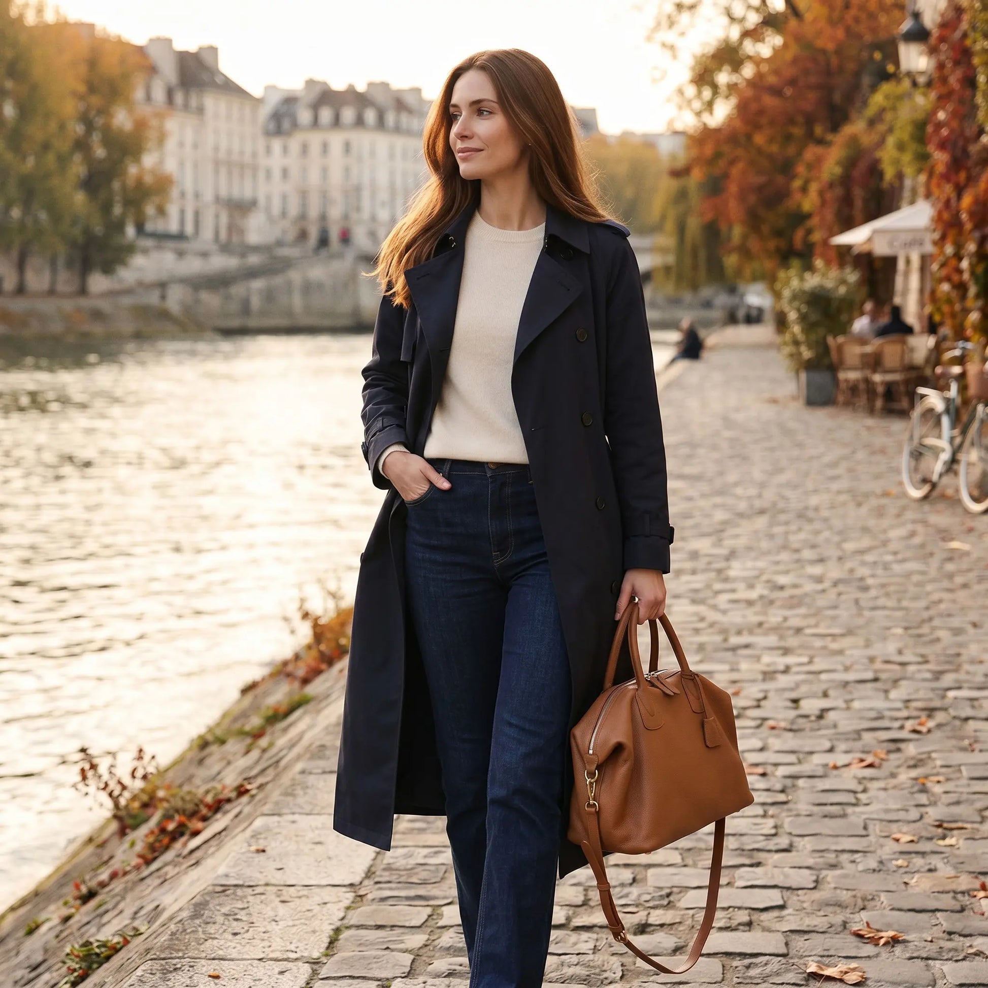 Sac cabas femme en cuir de vachette pleine fleur marron en situation urbaine