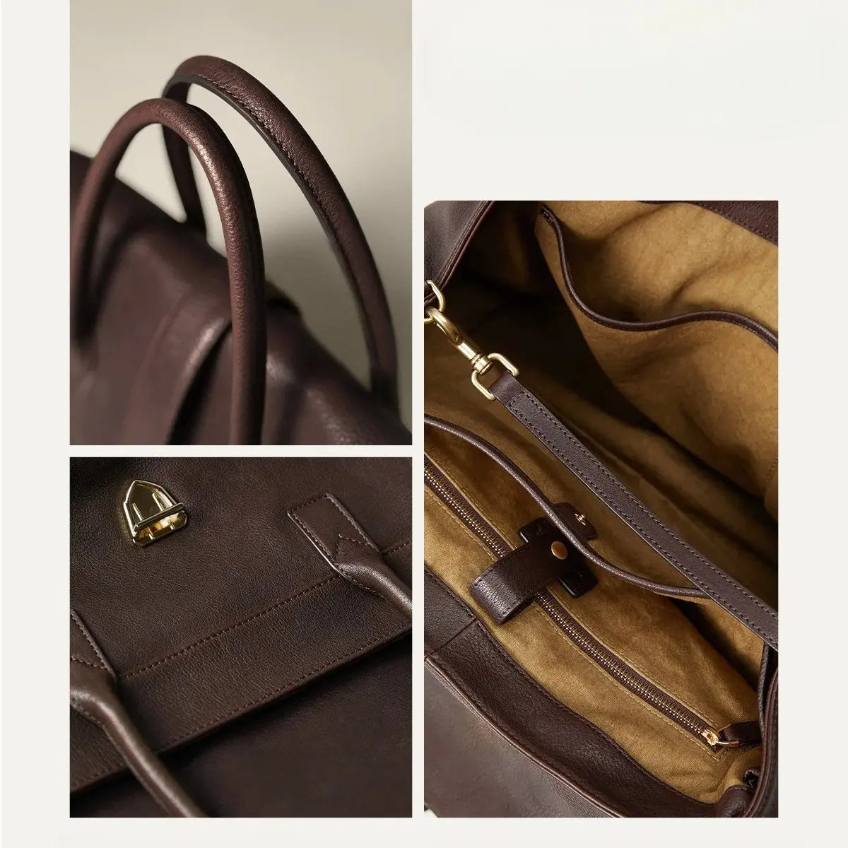 Collage de détails d’un sac cabas marron montrant poignées, fermeture et intérieur