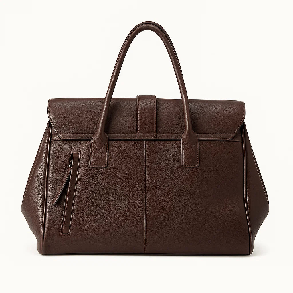 Vue arrière d’un sac cabas marron avec poignées doubles