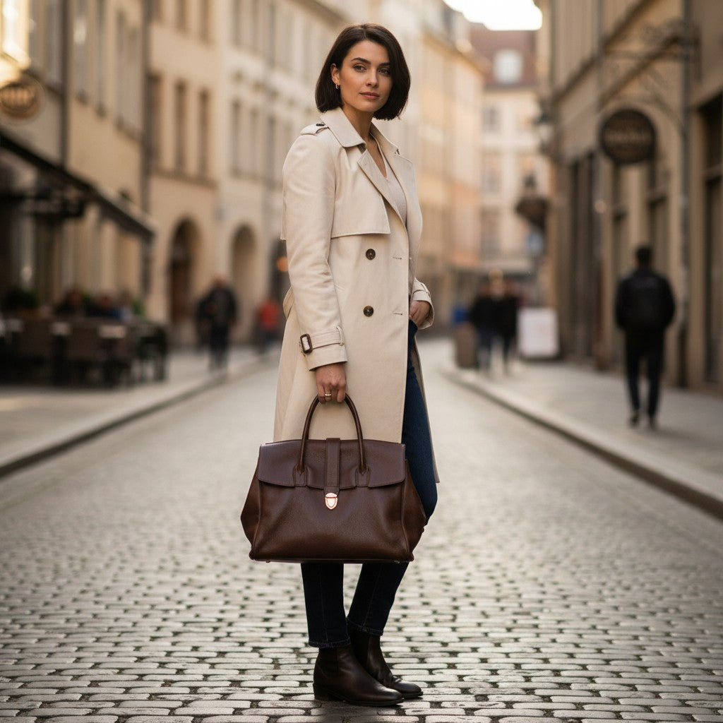 Femme en manteau beige portant un sac cabas marron dans une rue urbaine
