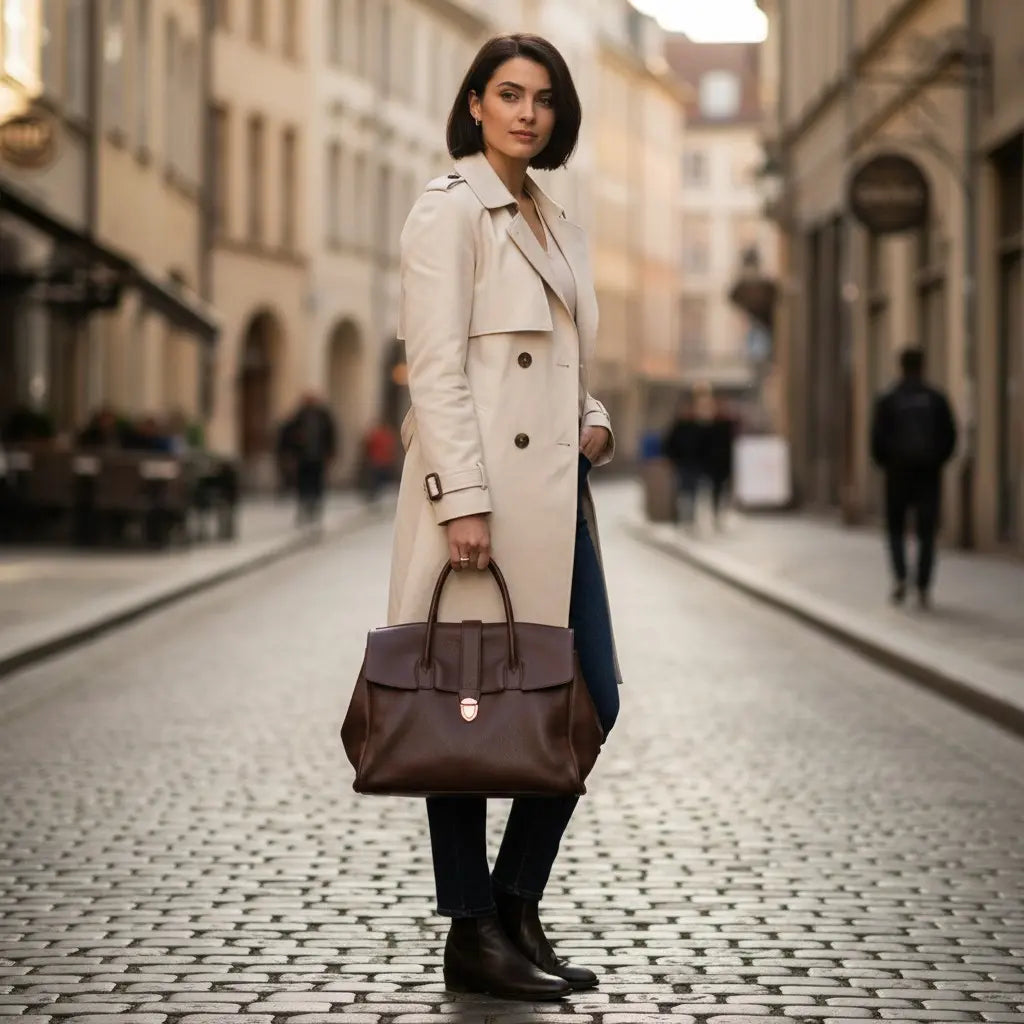 Femme en manteau beige portant un sac cabas marron dans une rue urbaine