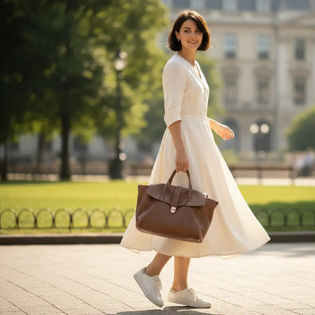 Femme en robe blanche tenant un sac cabas marron en extérieur