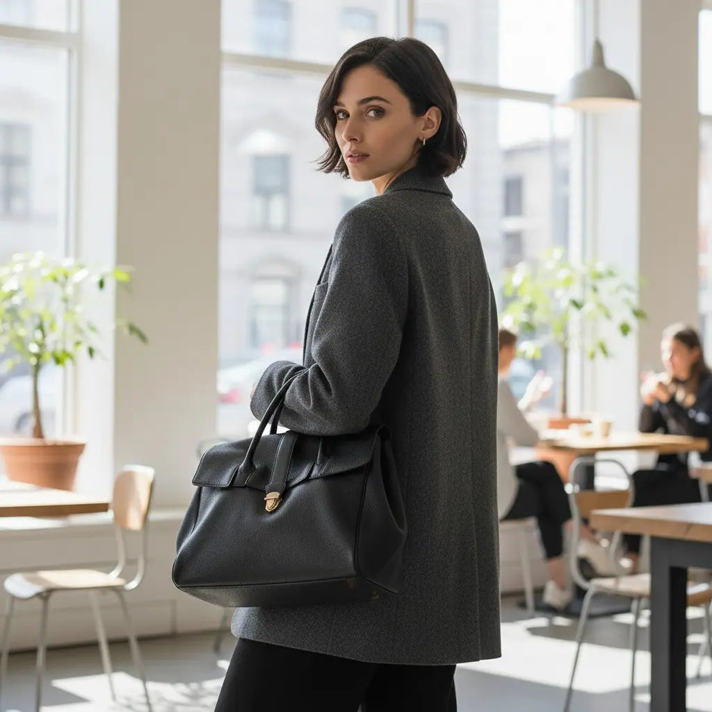 Femme debout dans un café avec un sac cabas noir posé à côté d’elle