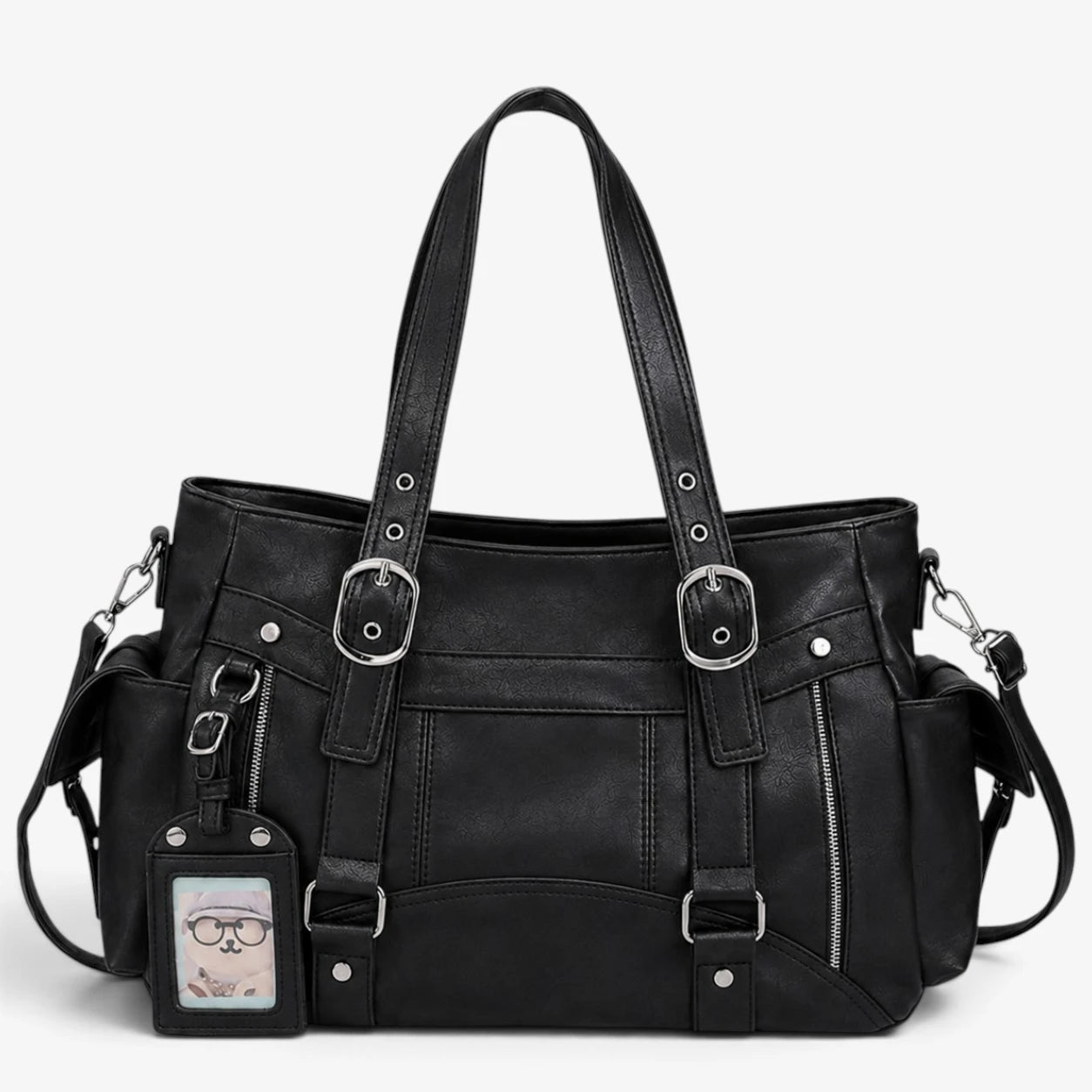 Grand sac cabas noir vu de face avec doubles poignées