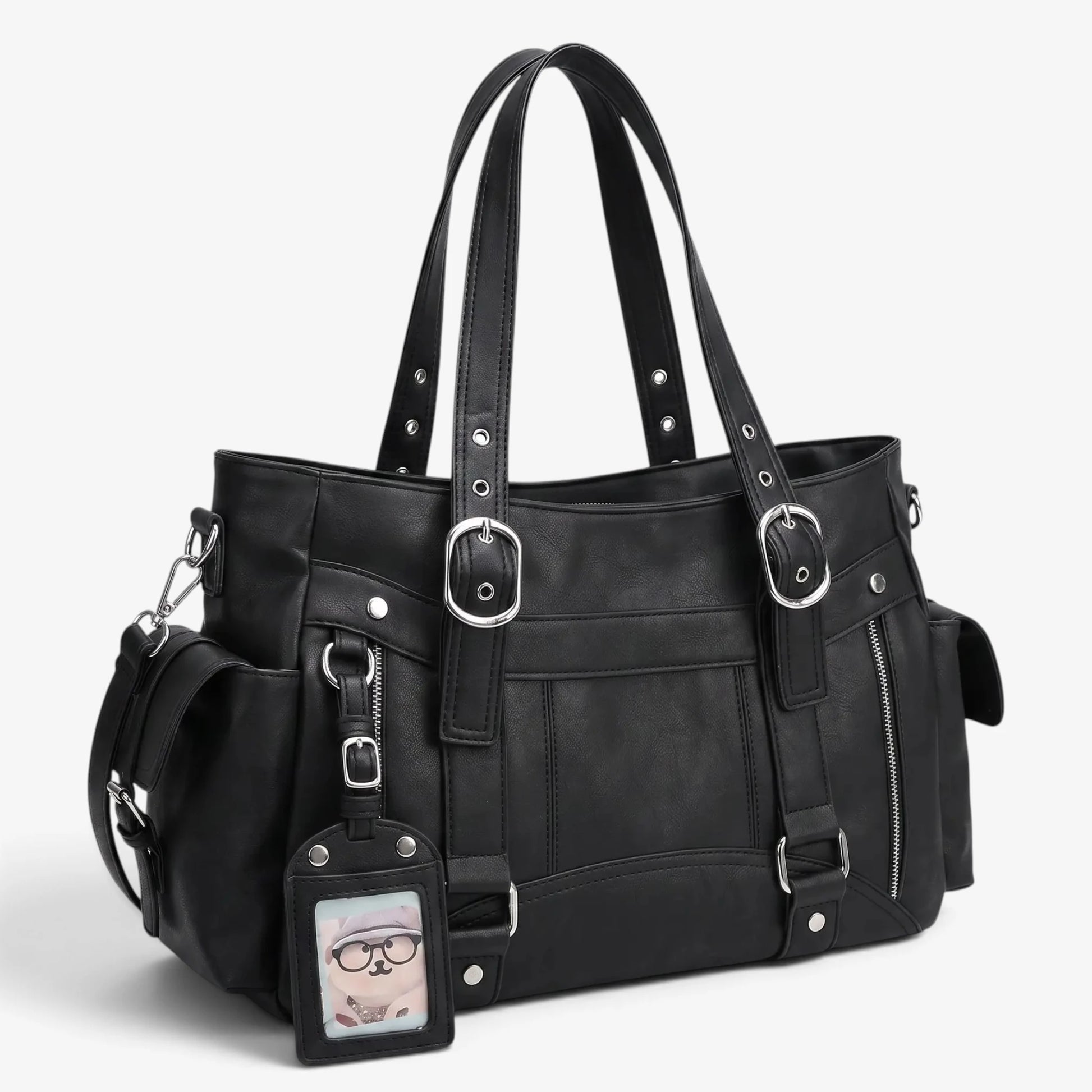 Sac cabas noir grande capacité avec doubles poignées et bandoulière amovible