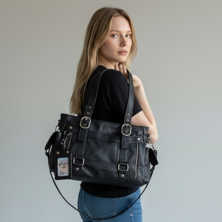 Femme portant un grand sac cabas noir à l'épaule