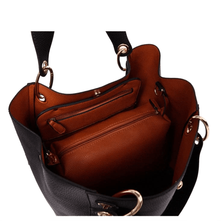 Vue intérieure du sac cabas noir en cuir végétalien avec doublure marron