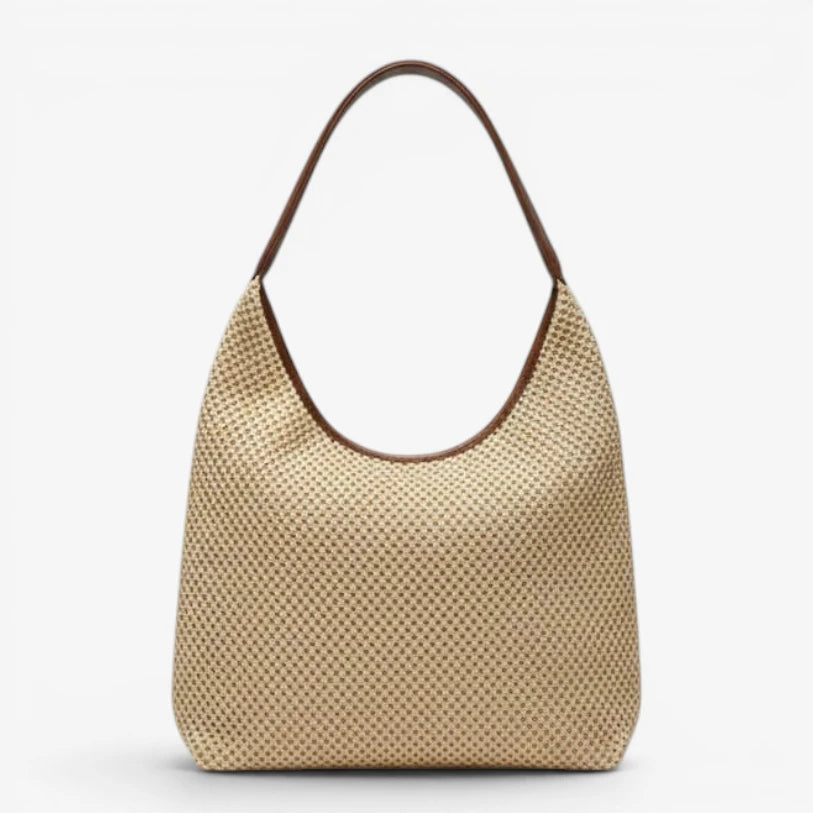 Sac cabas en paille beige pour femme porté épaule avec grande capacité et design tressé ajouré
