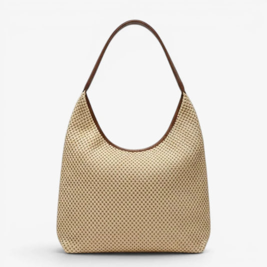 Sac cabas en paille beige pour femme porté épaule avec grande capacité et design tressé ajouré