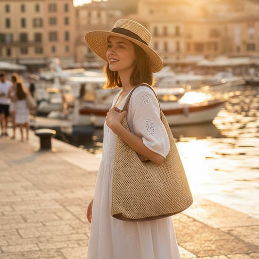 Femme portant un sac cabas en paille beige à l’épaule en bord de mer