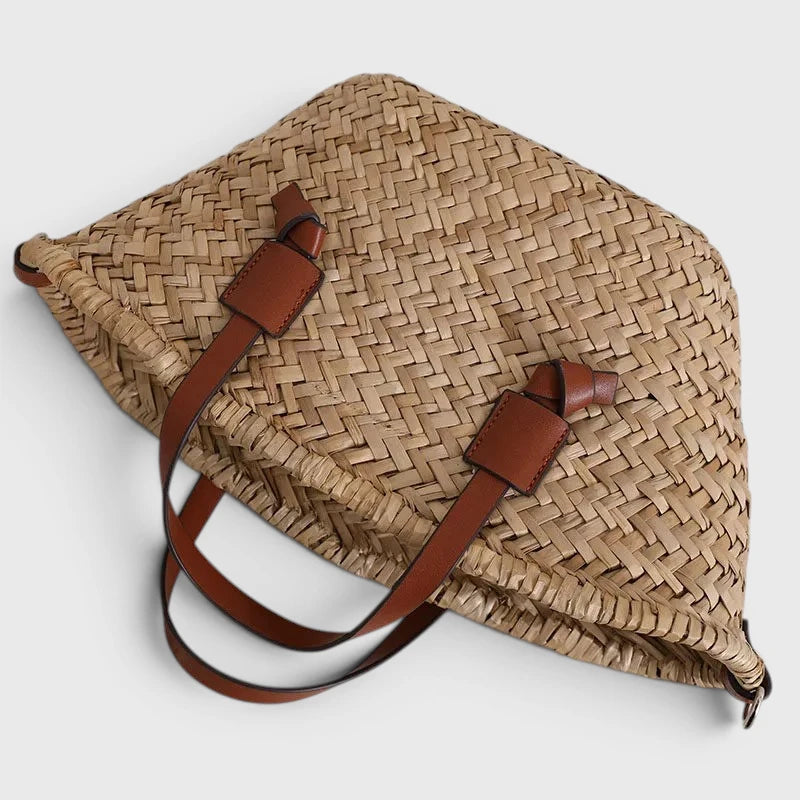 sac cabas paille tressée vue dessus avec poignées en similicuir marron
