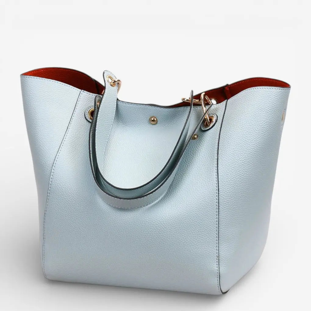 Sac cabas porté épaule pour femme en cuir végétalien bleu clair, grand fourre-tout élégant avec intérieur marron