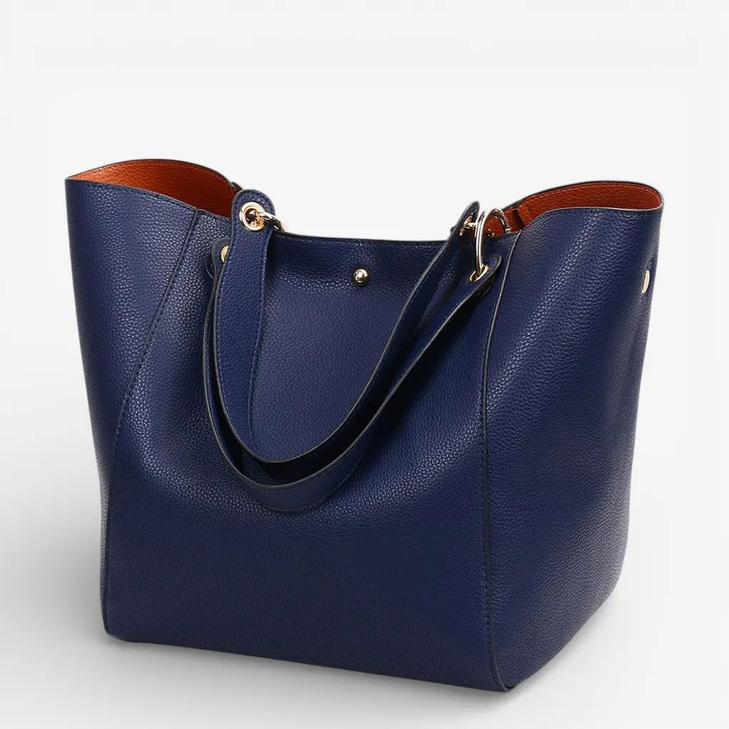 Sac cabas porté épaule pour femme en cuir végétalien bleu, grand sac fourre-tout élégant avec deux anses et intérieur marron