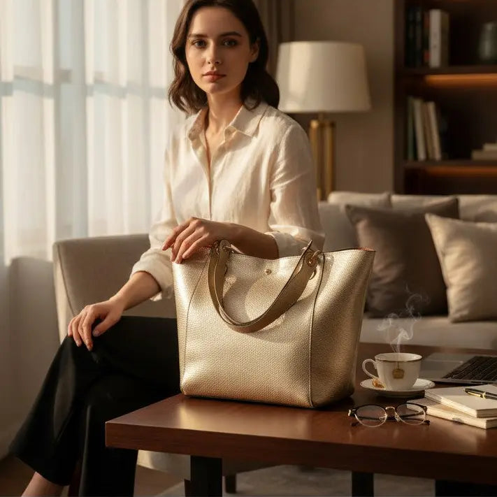 Femme assise avec un sac cabas porté épaule métallisé champagne en cuir végétalien sur une table de bureau