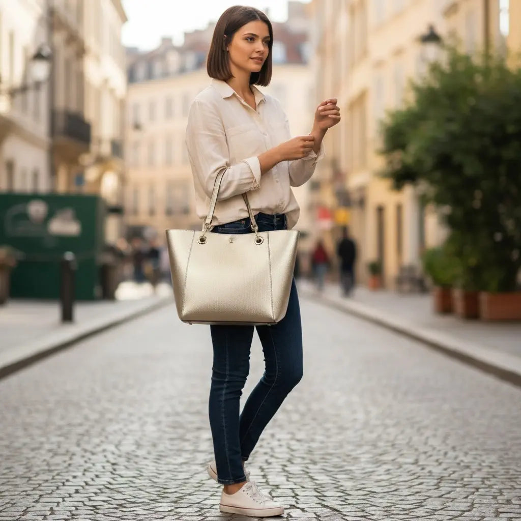 Femme portant un sac cabas porté épaule métallisé champagne en cuir végétalien dans une rue urbaine