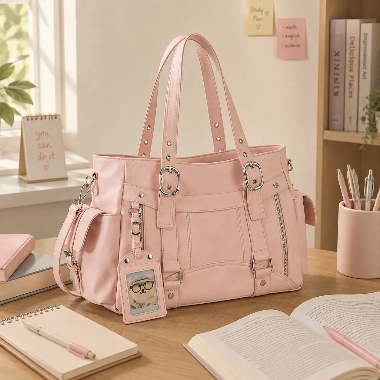 Sac cabas rose posé sur un bureau avec livres et cahier