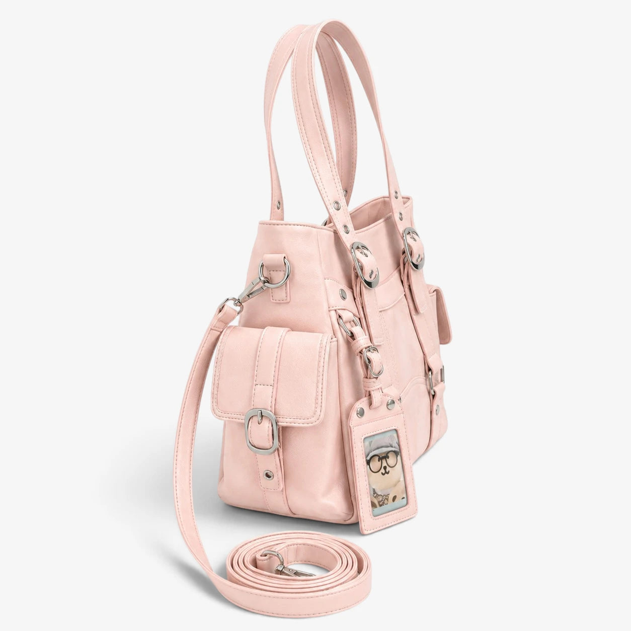 Sac cabas rose vu de profil avec bandoulière amovible
