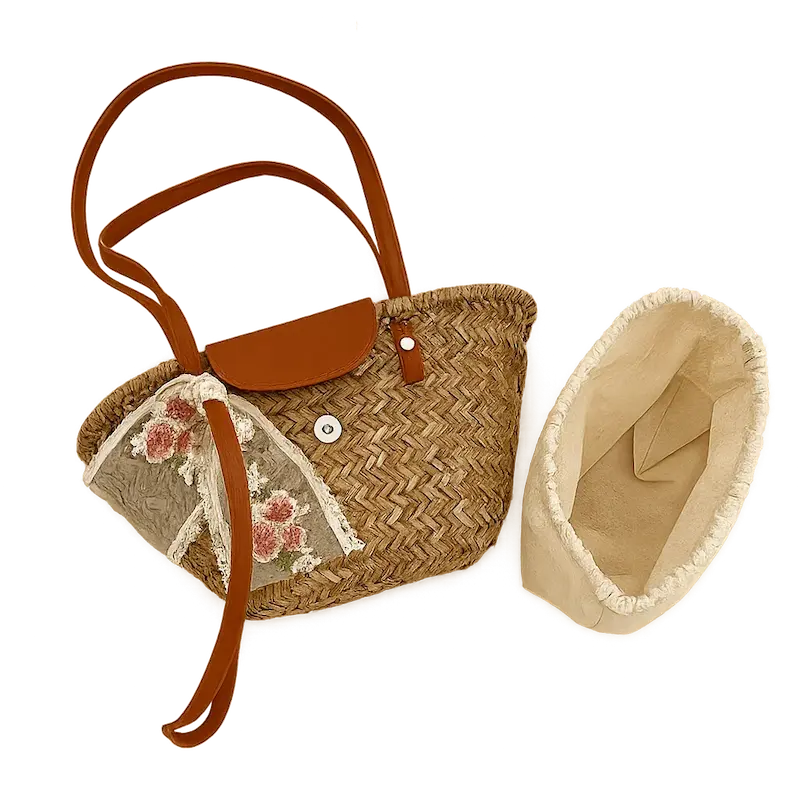 Ensemble sac cabas en rotin tressé avec rabat et doublure amovible