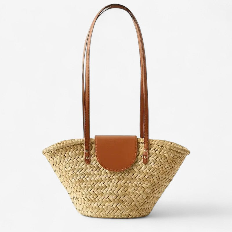 Sac cabas en rotin tressé avec rabat en simili cuir et anses longues