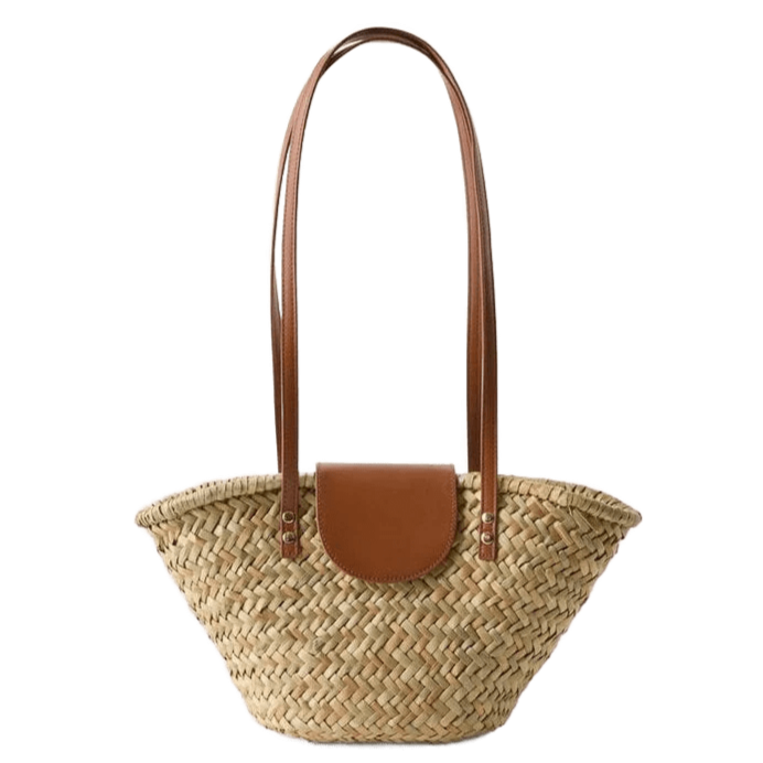 Sac cabas en rotin tressé avec rabat en simili cuir et anses longues