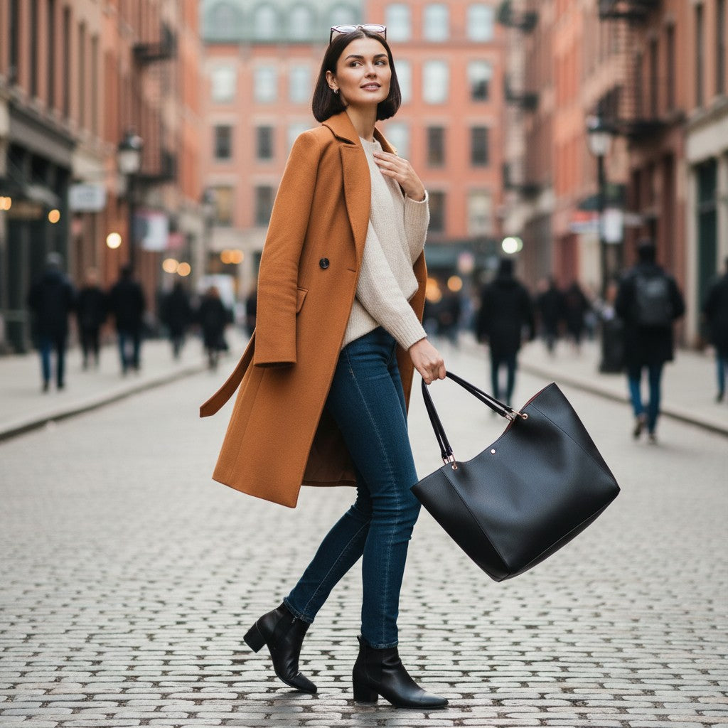 Femme tenant un sac cabas rouge dans une rue de centre-ville