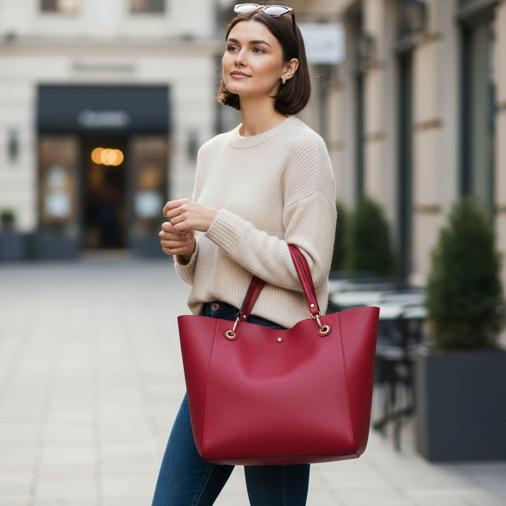 Femme portant un sac cabas camel en extérieur lors d’une promenade en ville