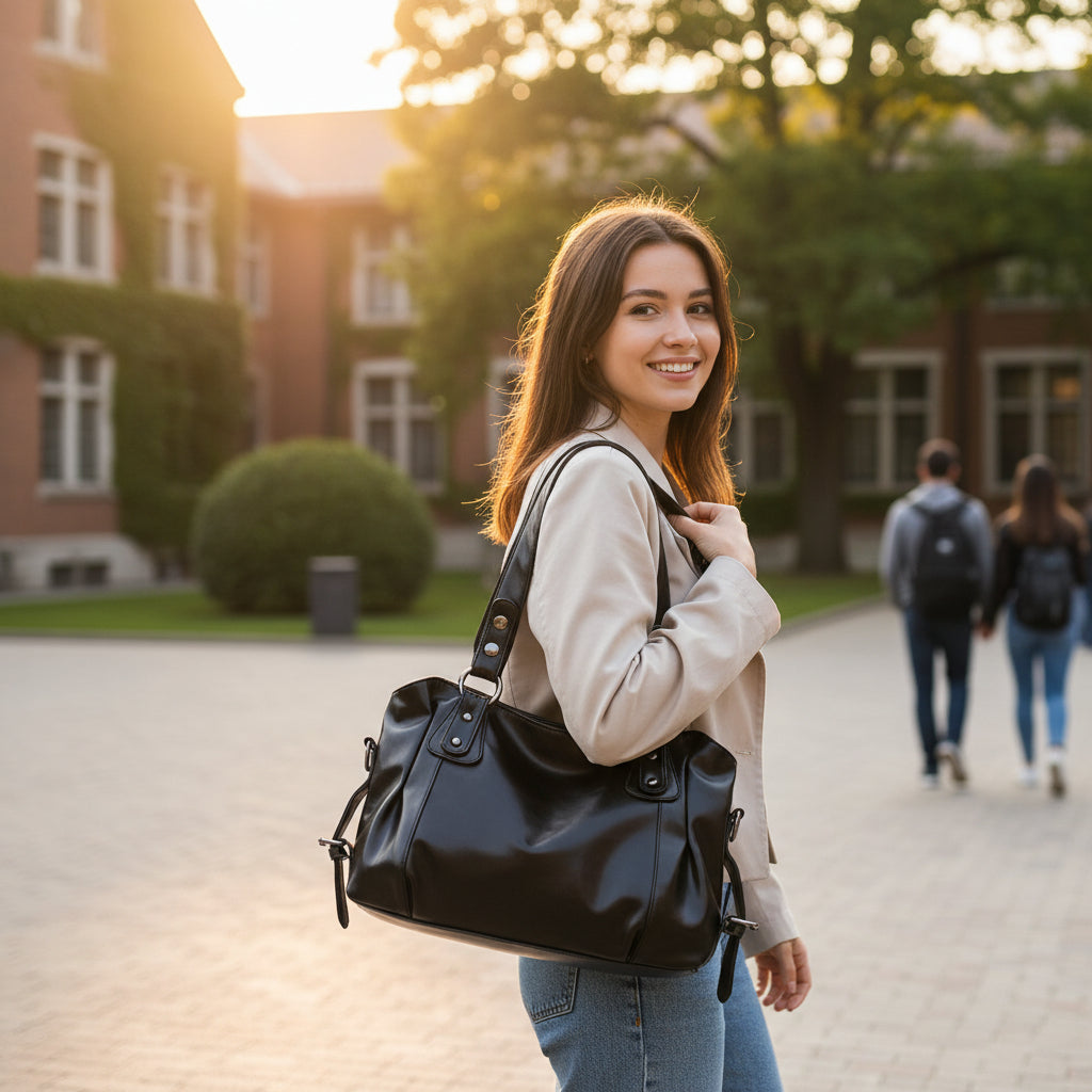 Femme portant un sac de cours noir à bandoulière grande capacité sur l’épaule en extérieur