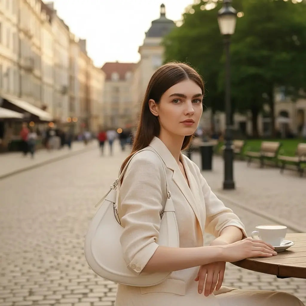 Sac croissant blanc en cuir de vachette porté par une femme dans un environnement urbain.