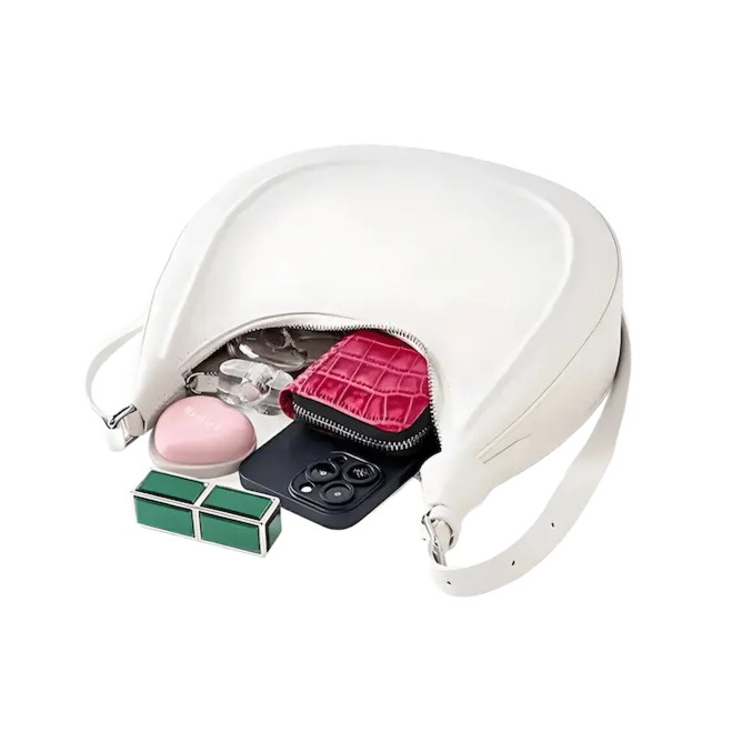 Sac croissant en cuir véritable blanc pour femme, intérieur avec rangement pour accessoires