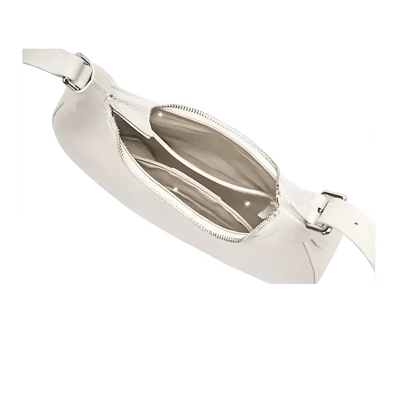 Sac croissant en cuir véritable blanc pour femme, vue intérieure avec doublure renforcée