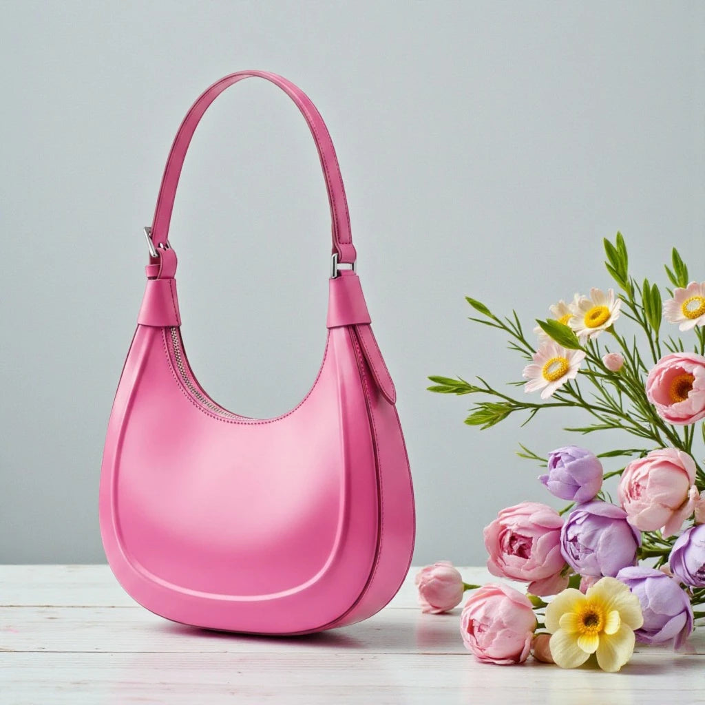 Sac croissant rose en cuir de vachette avec poignée réglable et forme demi-lune.