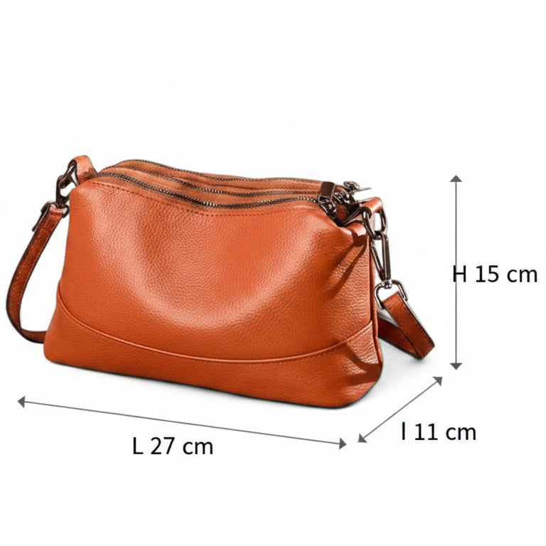 Sac bandoulière femme en cuir camel avec dimensions 27×15×11 cm