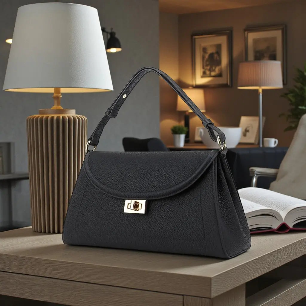 Sac en cuir noir posé sur une table en intérieur