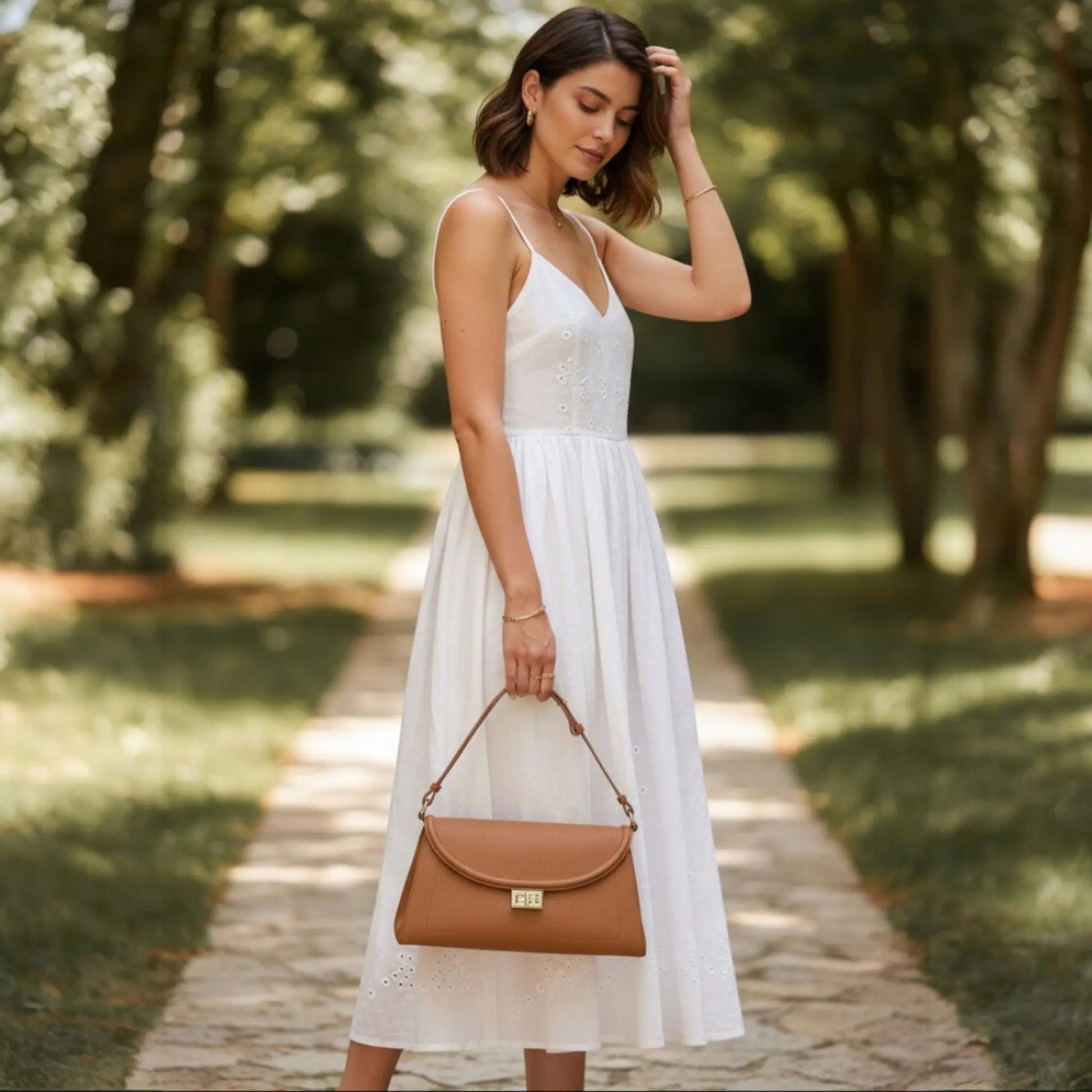 Femme portant un sac en cuir camel dans un jardin